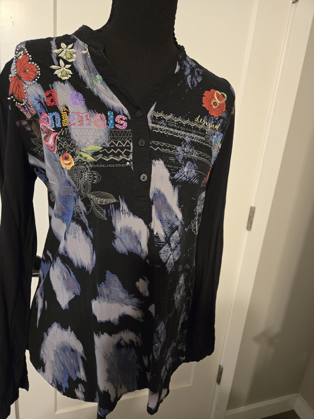 Desigual Black Long-Sleeve V-Neck Top with Blue and Red Accents